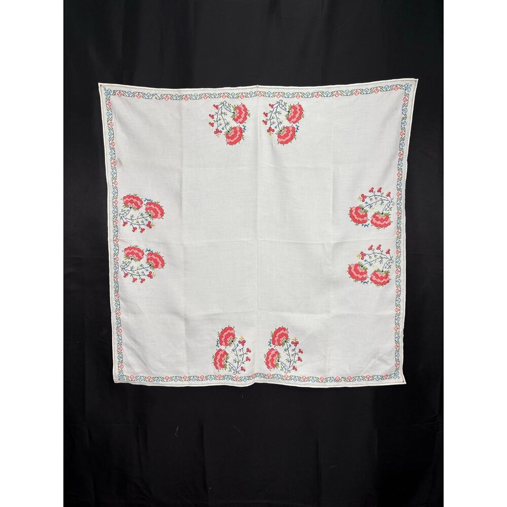 Vintage Hand Embroidered Floral Cotton Square Tablecloth Napkins Folk Needlework